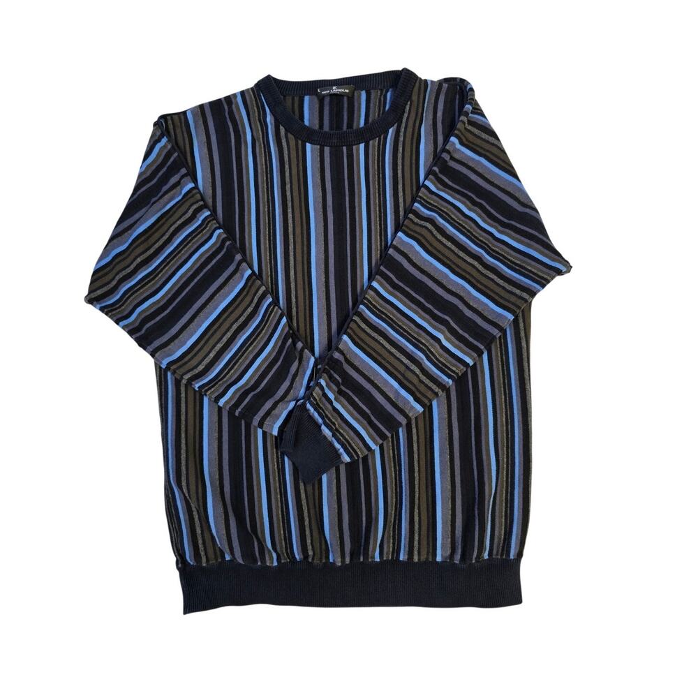 Vtg Ted Lapidus Paris Mens L Striped Sweater Blue Brown 100% Cotton Knit